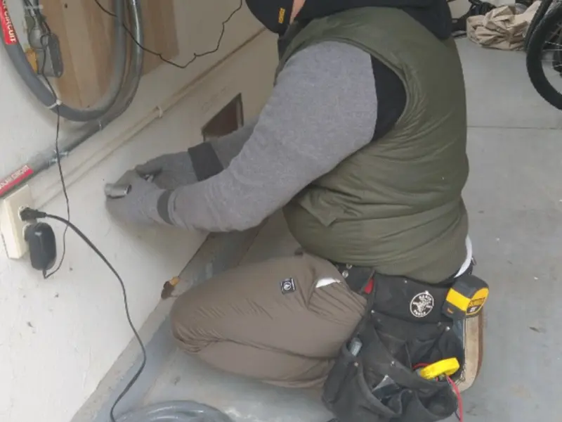 Electrician performing outlet wiring in a Brandon garage